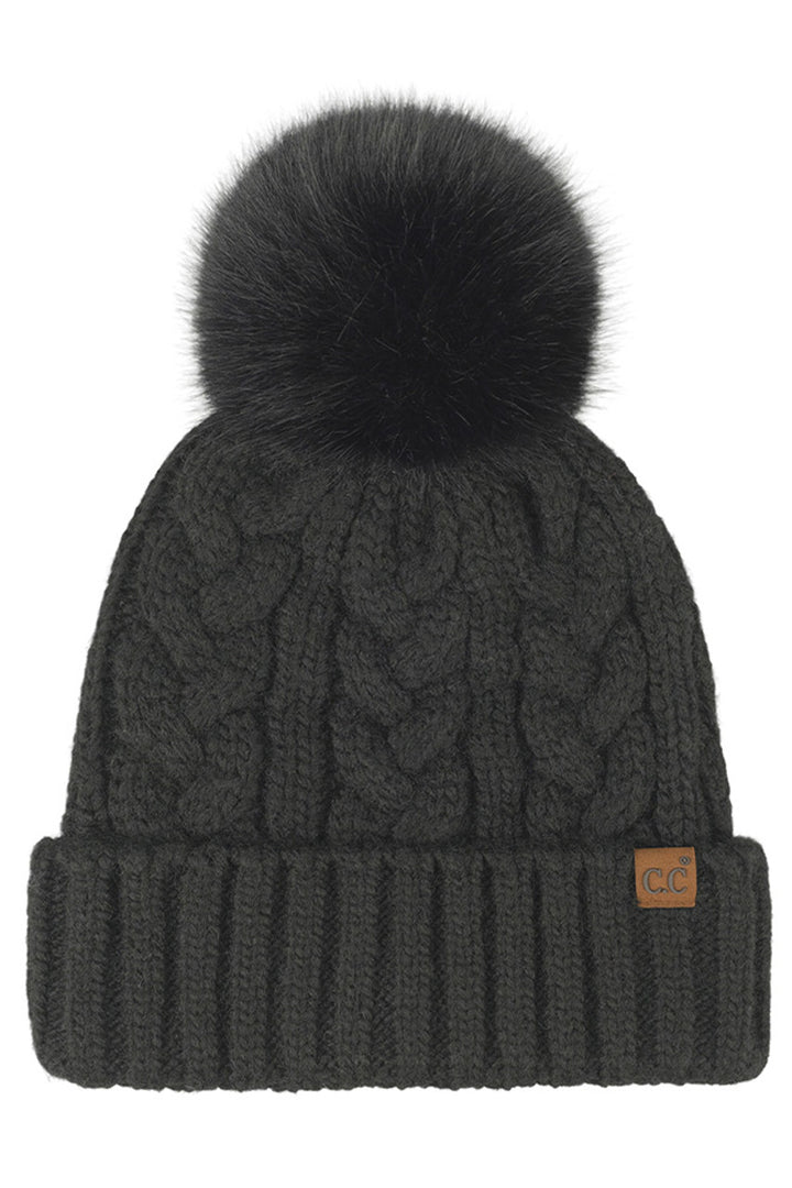 Black C.C Heather Cable with Satin Lining Pom Beanie