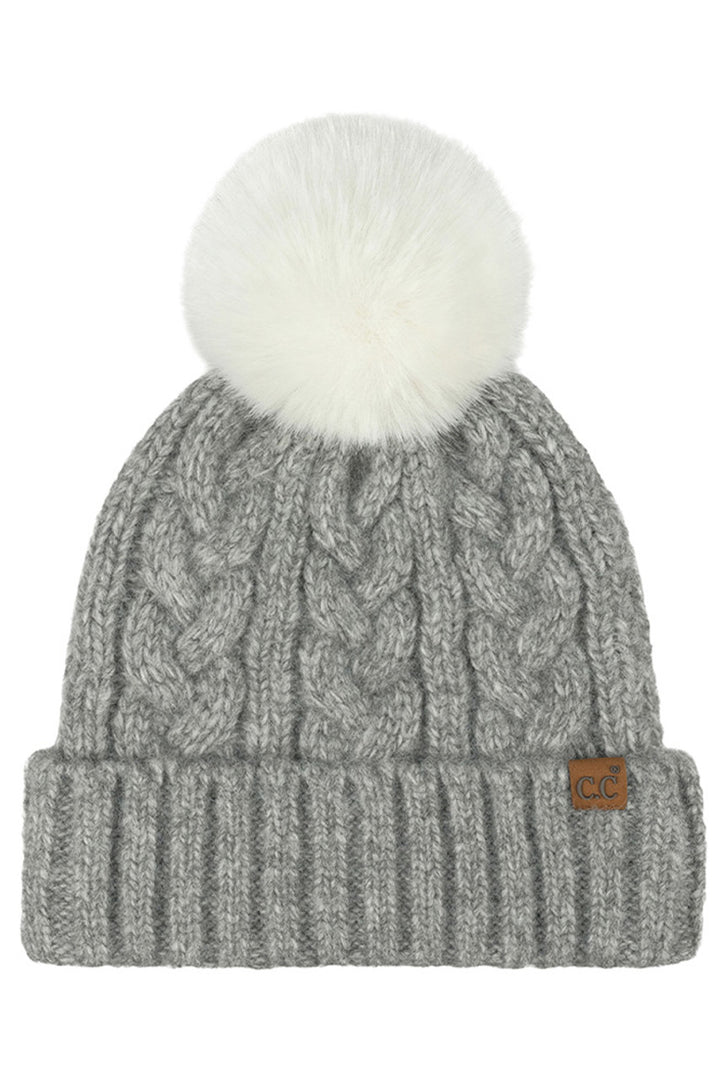 Gray C.C Heather Cable with Satin Lining Pom Beanie
