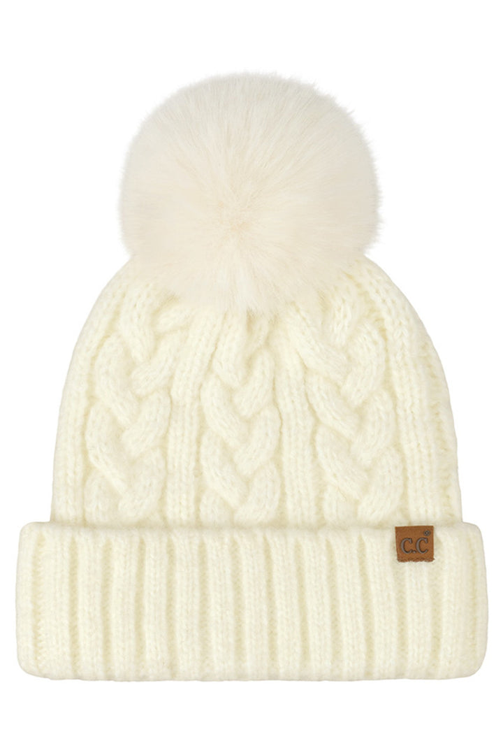 Ivory C.C Heather Cable with Satin Lining Pom Beanie