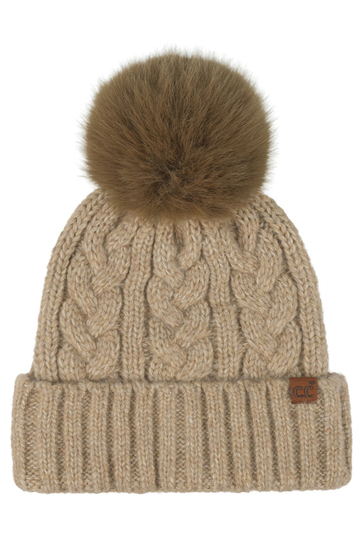 Taupe C.C Heather Cable with Satin Lining Pom Beanie
