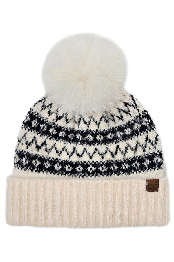Black C.C Fair Isle with Solid Faux Fur Pom Beanie