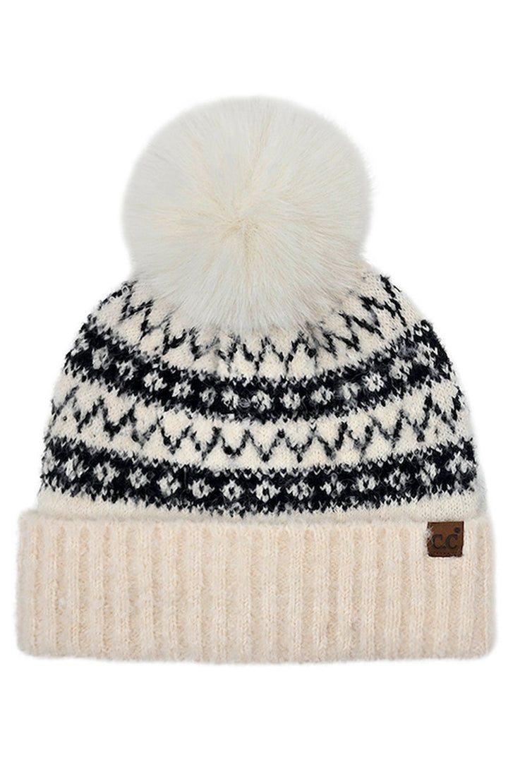 Black C.C Fair Isle with Solid Faux Fur Pom Beanie