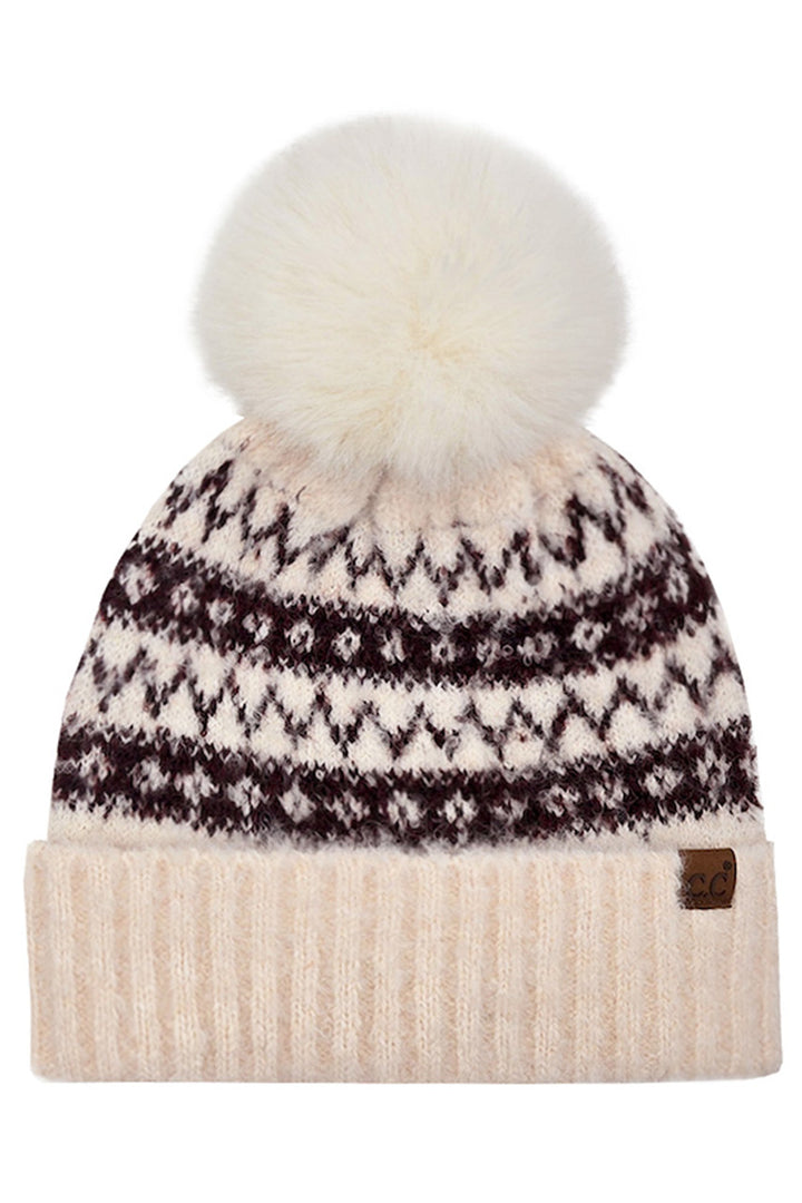 Burgundy C.C Fair Isle with Solid Faux Fur Pom Beanie