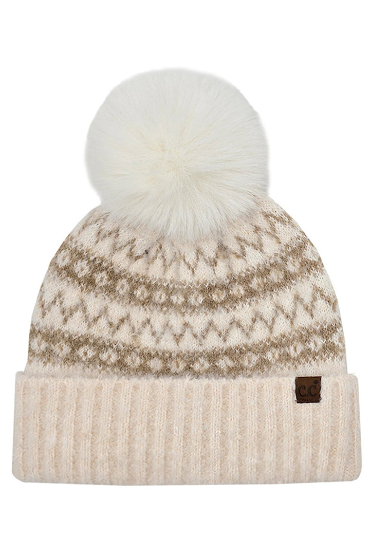 Camel C.C Fair Isle with Solid Faux Fur Pom Beanie