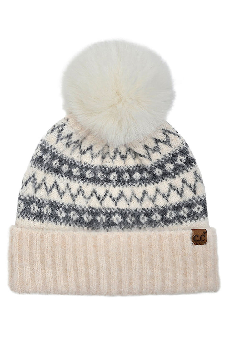 Gray C.C Fair Isle with Solid Faux Fur Pom Beanie