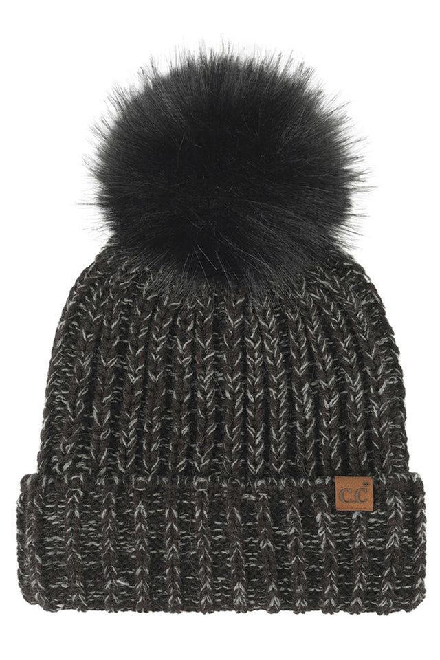 Black C.C Two Tone Heather Faux Fur Pom Cuff Beanie