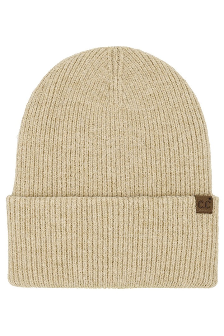 Beige C.C Solid Long Folded Cuff Beanie