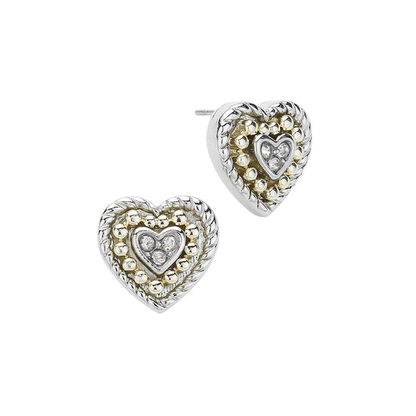 14K Gold Plated Stone Paved Two Tone Heart Stud Earrings will add a touch of elegance to any outfit. The intricate stone paving and two-tone design make them a unique and luxurious choice. Made with high-quality materials, they are durable and will make the perfect addition to your jewelry collection. 