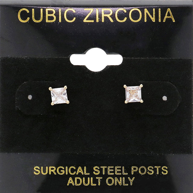 Clear, Gold 4mm CZ Square Stud Earrings