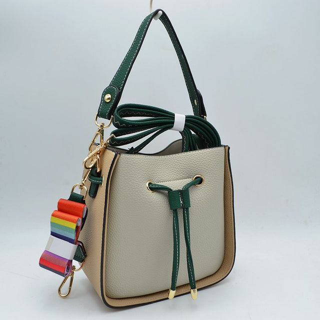 Color-Block Drawstring Bucket Bag with Multi-Strap Options - Beige - Bucket Bag