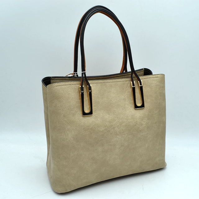 Solid Faux Leather Tote Bag Shoulder Bag - Tote Bag
