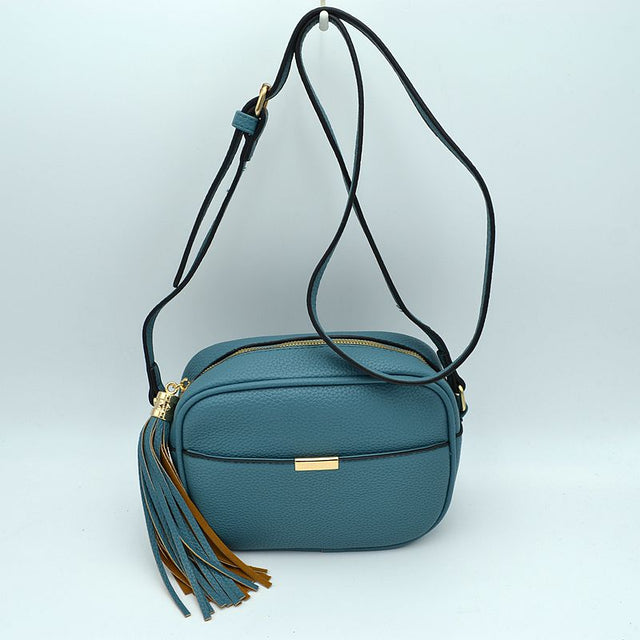 Pebbled Camera Crossbody Bag with Large Statement Tassel Accent - Blue - Crossbody Bags