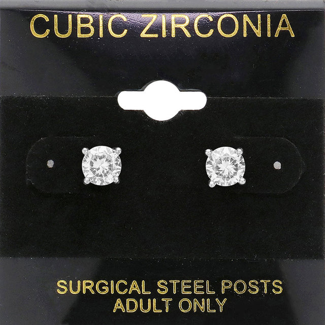 Clear, Silver 6 mm Round CZ stud earrings