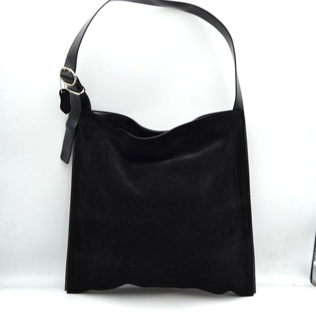 Slouchy Hobo Shoulder Bag with Adjustable Buckle Strap - Black - Shoulder Bag