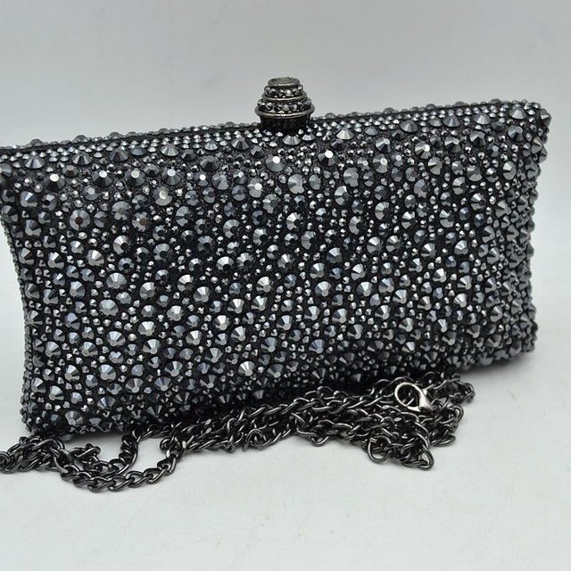 Rhinestone Embellished Box Clutch Bag with Removable Chain Strap - Black - Clutch Bags