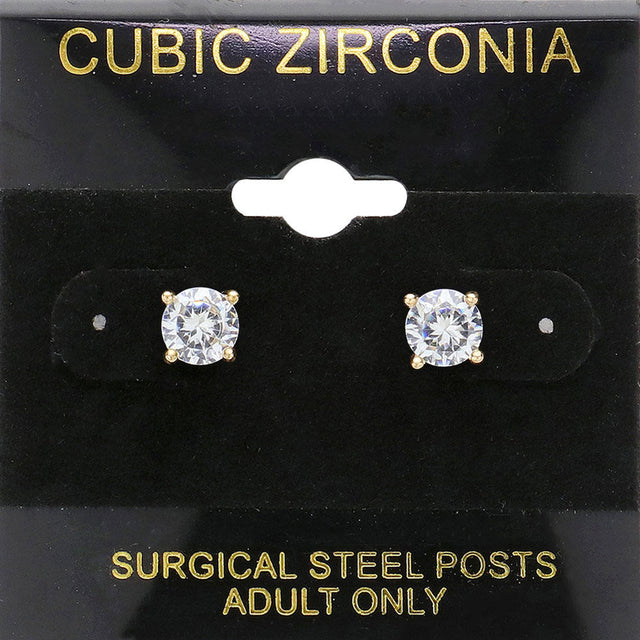 Clear, Gold 6mm Round CZ Stud Earrings