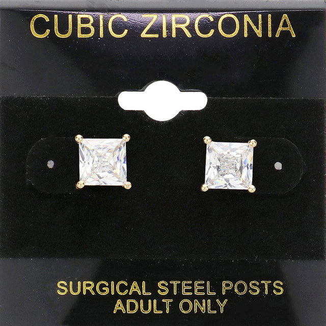 Clear, Gold 7mm Square CZ stud Earrings