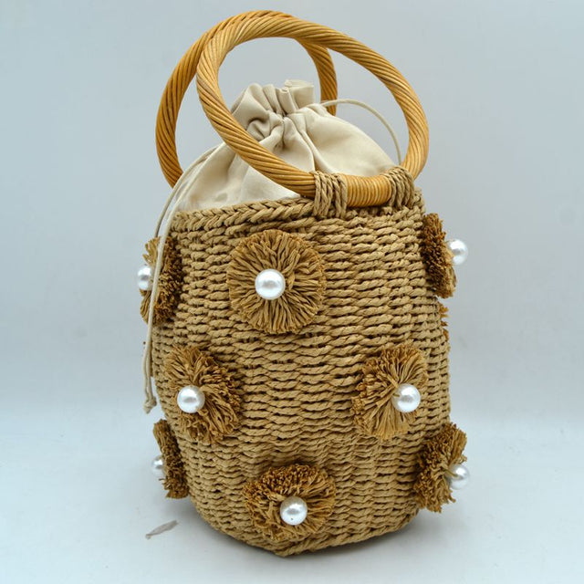 Floral Pearl Accented Straw Bucket Bag with Drawstring Liner - Khaki - Bucket Bag