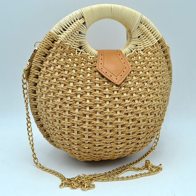 Boho Round Woven Straw Satchel – Convertible Circle Basket Bag with Chain Strap - Khaki - Crossbody Bag