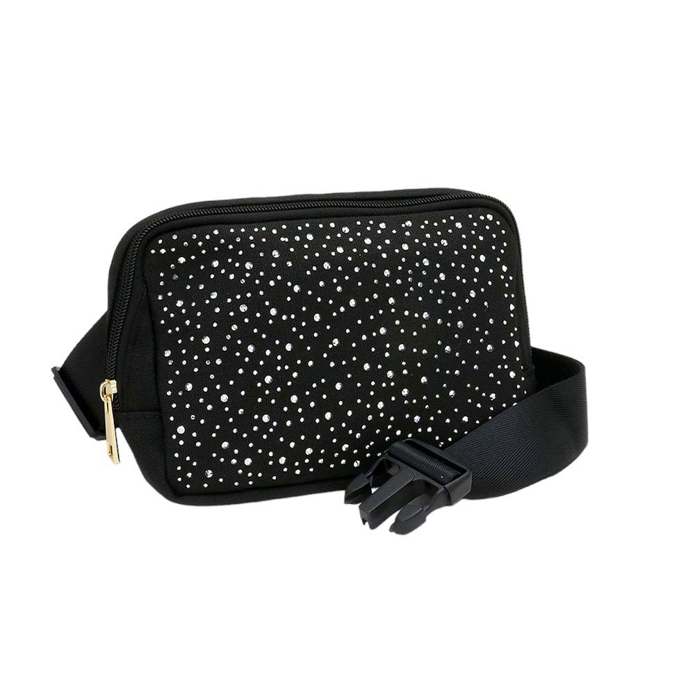 Jet Black Bling Sling Bag Fanny Bag Belt Bag, is both stylish and functional. With its adjustable shoulder strap, it is conveniently worn across the body for hands-free convenience and a secure fit. Its sleek design features bling detailing, making it perfect for everyday wear. A functional companion for outdoor activities.