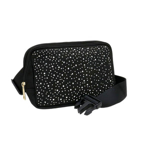 AB Black Bling Sling Bag Fanny Bag Belt Bag, is both stylish and functional. With its adjustable shoulder strap, it is conveniently worn across the body for hands-free convenience and a secure fit. Its sleek design features bling detailing, making it perfect for everyday wear. A functional companion for outdoor activities.