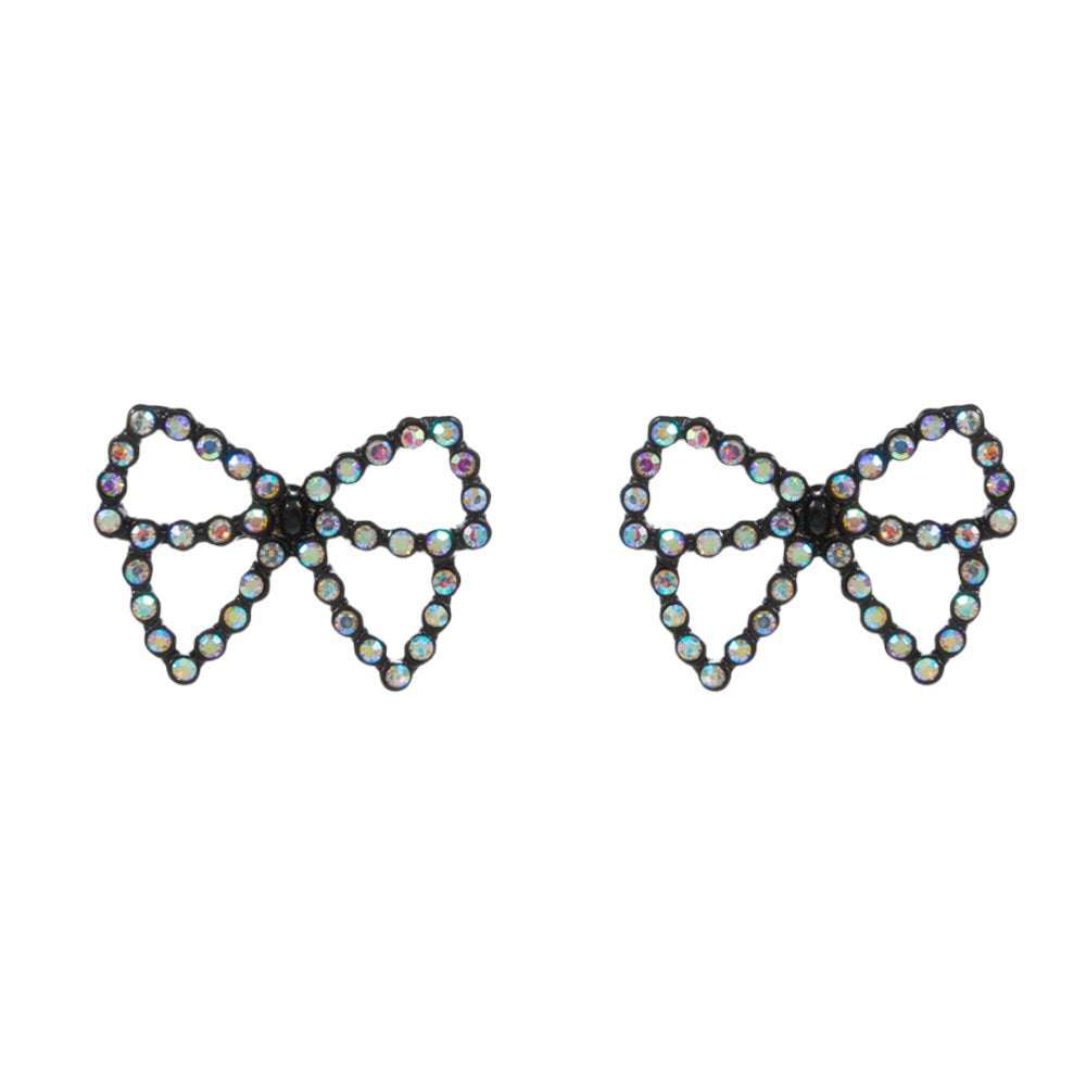AB Black Pearl Paved Bow Stud Earrings, Elevate your accessories with our exquisite earrings. With expertly paved pearls encircling a delicate bow design, these earrings add a touch of sophistication to any outfit. Perfect for any occasion, our earrings boast a timeless elegance that will never go out of style.