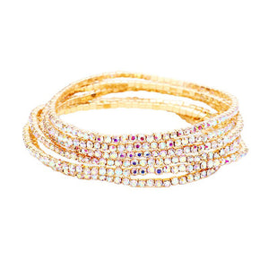 AB Gold 6PCS - Rhinestone Multi Layered Stretch Evening Bracelets, Perfect for a formal event or adding some glam to your everyday look. The sparkling rhinestones will catch the light and make you shine! Get ready to turn heads and feel confident with each wear. The ideal choice for making a lovely gift to your loved ones.