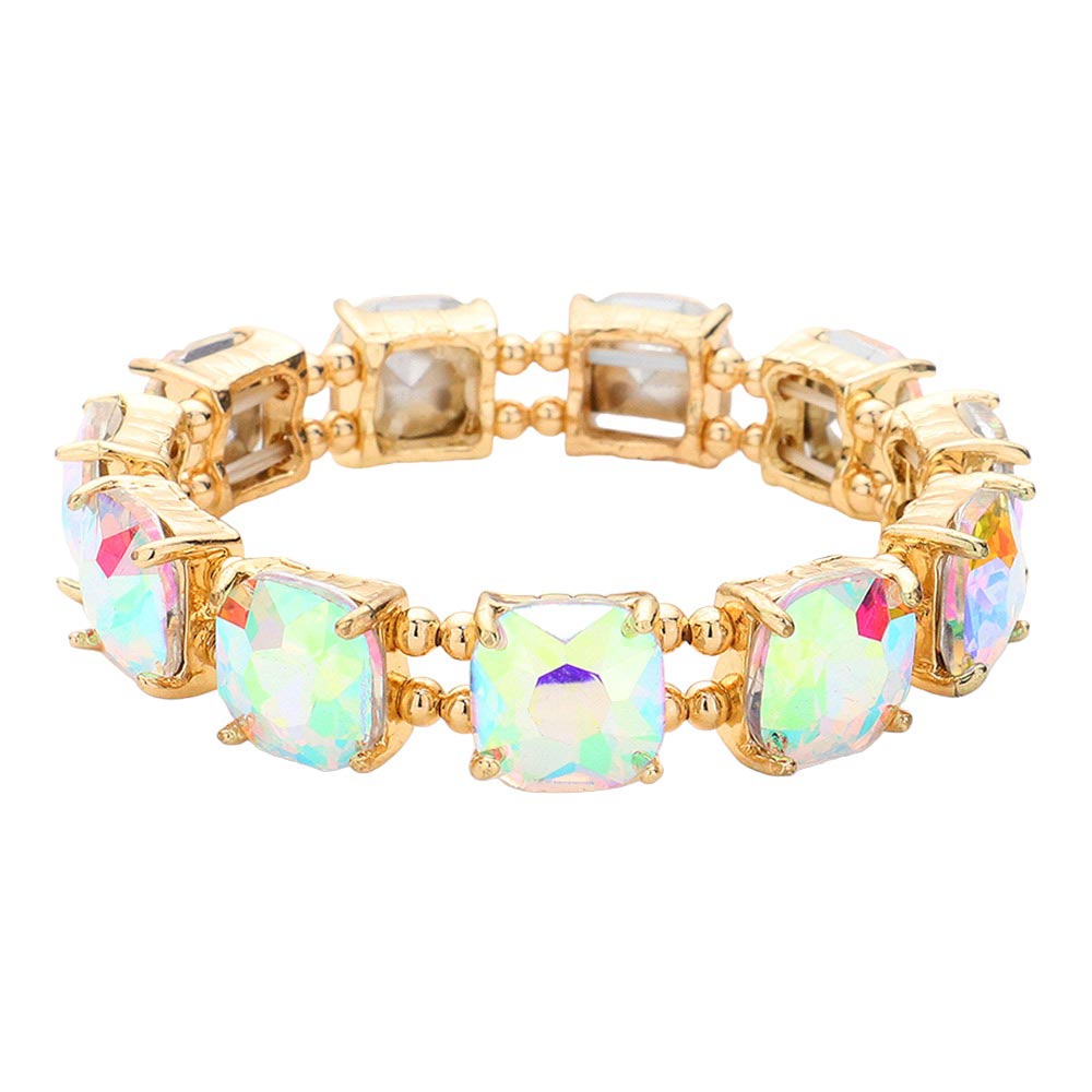 AB Gold Cushion Square Stone Stretch Evening Bracelet, features a delicate combination of stones set in a modern cushion square. Perfect for adding sparkle and sophistication to any outfit. This is the perfect gift, especially for your friends, family, and the people you love and care about.
