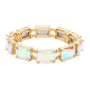 AB Gold Emerald Cut Stone Stretch Evening Bracelet, crafted from shimmering and high-quality glass beads. The Emerald cut of the stones makes sparkle and adds a touch of sophistication to any special occasion outfit. A timeless piece of jewelry perfect in any collection. Perfect gift for special ones on any special day.
