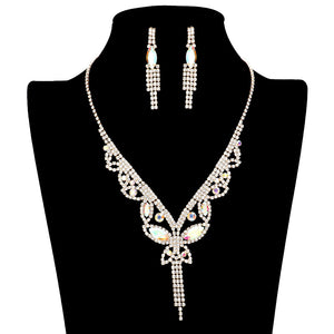 AB Gold Marquise Round Stone Butterfly Rhinestone Jewelry Set, is crafted using marquise stones and delicate rhinestones, perfect for adding some sparkle to your look. The set includes an adjustable necklace, earrings, and bracelet, making it a perfect accessory for any special occasion outfit. Perfect gift idea.