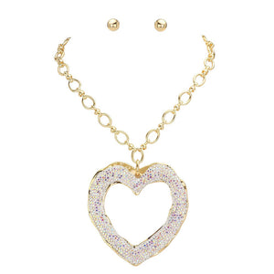 AB Gold Over Sized Stone Paved Open Heart Pendant Chunky Jewelry Set, This chunky set features an oversized stone-paved open heart pendant, adding a unique touch to any outfit. The chunky chain is both stylish and comfortable to wear, making this necklace a must-have for any fashion-forward individual. Elevate your look.