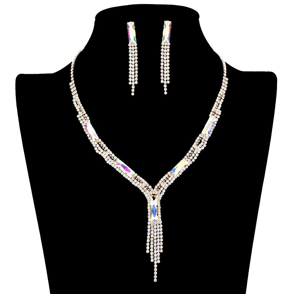 AB Gold Rectangle Stone Accented Rhinestone Fringe Tip Jewelry Set, perfect for adding a touch of elegance to any special occasion outfit. Featuring a beautiful rectangle stone accent, this necklace and earring set will be a unique addition to any jewelry collection. Perfect gift choice for loved ones on any special day.
