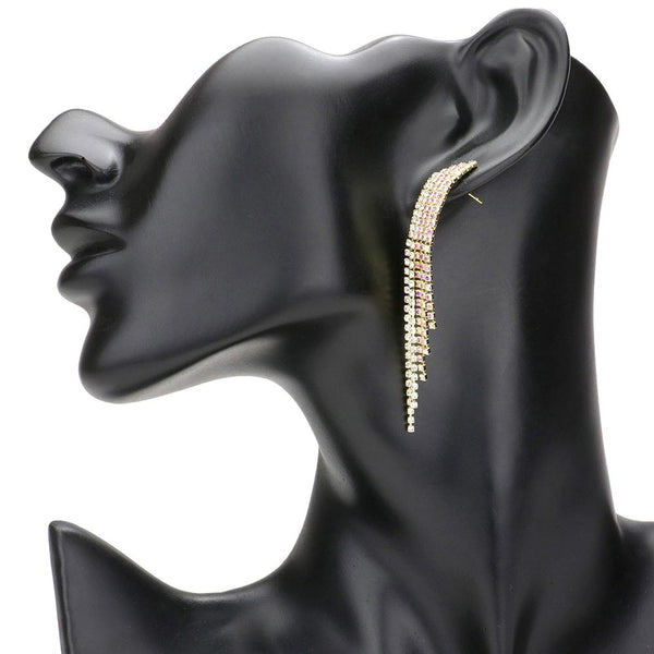 AB Gold Rhinestone Fringe Dangle Evening Earrings, Crafted with exceptional attention to detail, these earrings are perfect for any special occasion as like- wedding, birthday, anniversary, prom night, party, or to give as a gift. Featuring a luxurious rhinestone fringe, these earrings will take your look to the next level.