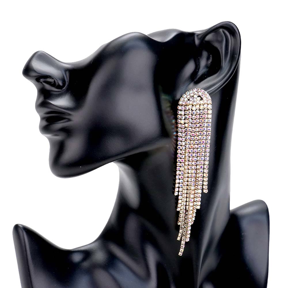 AB Gold Rhinestone Fringe Drop Evening Earrings, are the perfect way to elevate any evening look. Perfect for special occasions or nights out. These classy evening earrings are perfect for parties, weddings, and evenings. Awesome gift for birthdays, anniversaries, Valentine’s Day, or any special occasion.