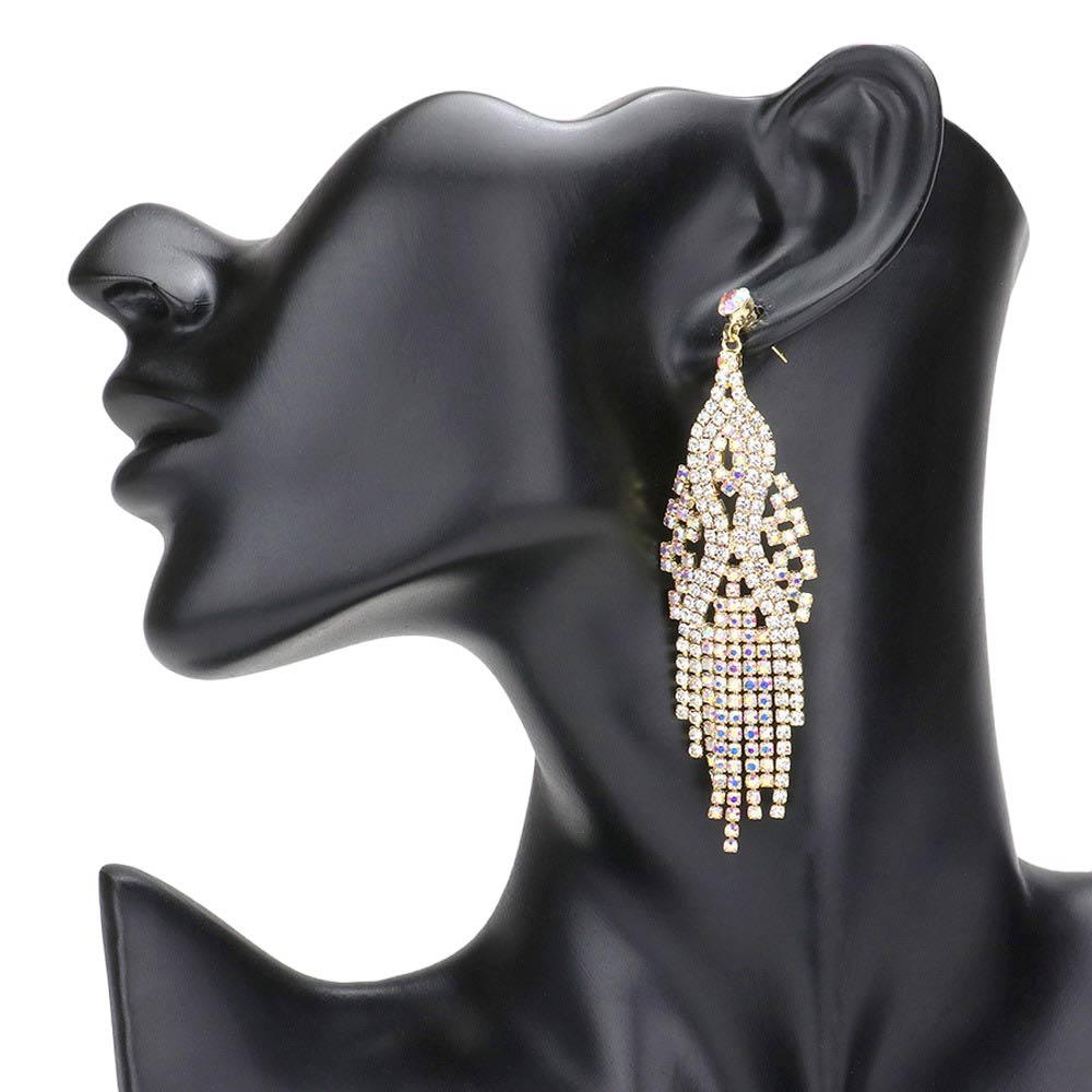 AB Gold Stone Pave Fringe Evening Earrings, feature sleek, chic design for a timeless and sophisticated look. Adorned with beautiful stones, these earrings will add a touch of sparkle and glamour to any ensemble. Perfect for special occasions or everyday wear or making exquisite gift.