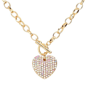 AB Gold Stone Paved Heart Pendant Metal Toggle Jewelry Set, is a timeless and elegant addition to any jewelry collection. Made with high-quality materials, this set features a stunning stone paved heart pendant and a metal toggle closure for easy and secure wear. Elevate any outfit with this versatile and classic set.