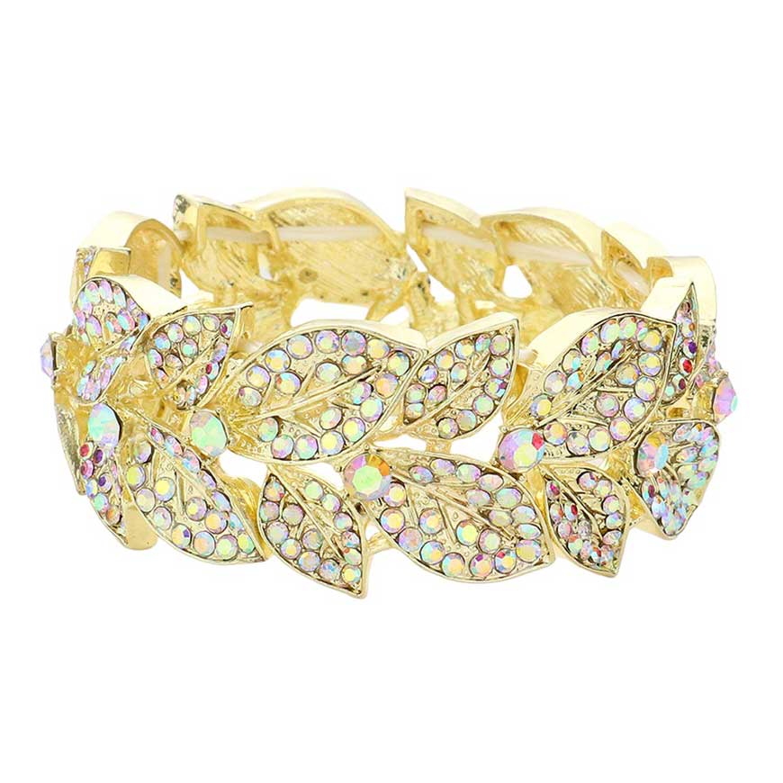 AB Gold Stone Paved Leaf Linked Stretch Evening Bracelet, Crafted of high-quality stones and metal alloy, this unique bracelet features intricately linked leaves, connected with a stretchable band to provide a secure fit. Accessorize your special occasion wear with this stunning design for an eye-catching look.
