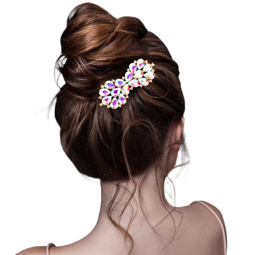 AB Gold Teardrop Stone Cluster Bow Hair Comb, completes any look. Its bow design is intricately crafted with a cluster of teardrop stones for sparkle and shine. Its lightweight design ensures a comfortable fit for all-day styling. Perfect for gifts or Weddings, Birthdays, Anniversaries, or any other special occasion. 