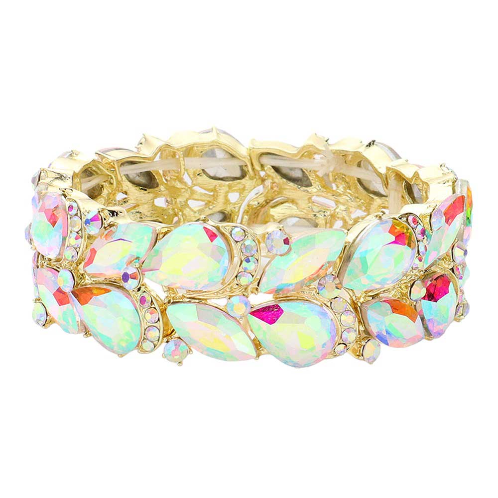 AB Gold Teardrop Stone Cluster Embellished Stretch Evening Bracelet is an eye-catching accessory. It features teardrop-shaped embellishments and sparkly stones clustered together to create a glamorous and sophisticated finish. The stretch fit makes it comfortable to wear for any special occasion or making an exclusive gift. 