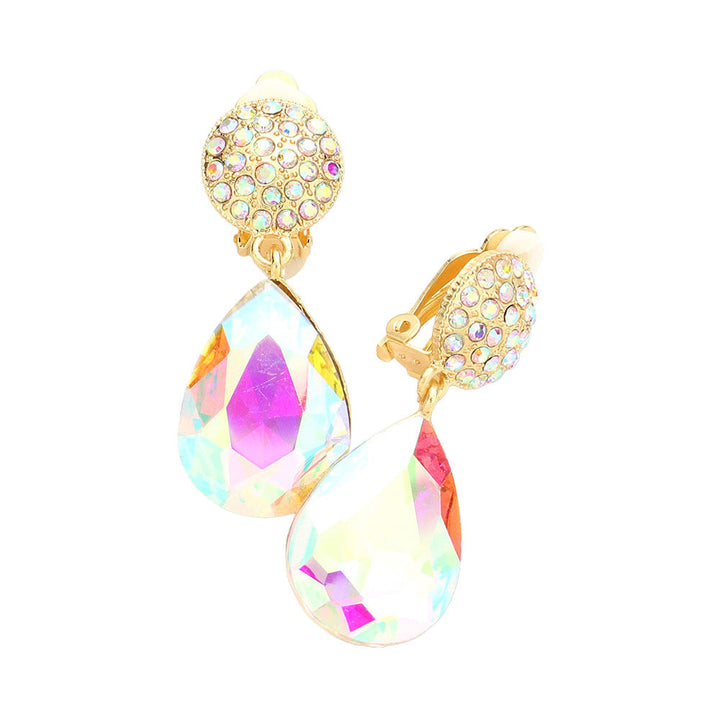 AB Gold Teardrop Stone Dangle Evening Clip On Earrings, bring shimmer and sophistication to any look. These earrings are sure to eye-catching element to any outfit. These classy evening earrings are perfect for parties, weddings, and evenings. Awesome gift for birthdays, anniversaries, Valentine’s Day, or any occasion.