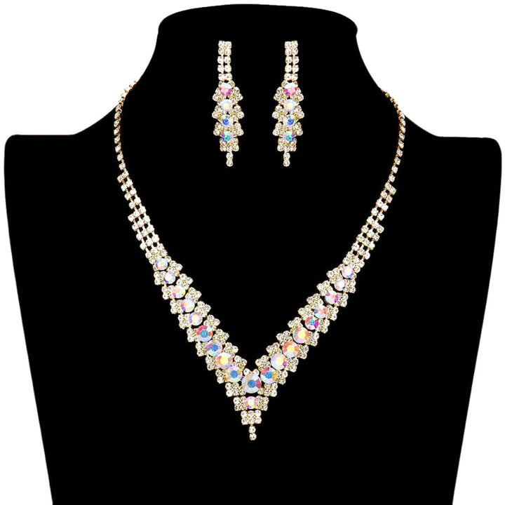 AB Gold V-Neck Collar Rhinestone Necklace, Adorn yourself with this eye-catching V-Neck Collar Rhinestone Necklace set. The elegant design features a delicate pattern of rhinestones that adds a touch of sparkle and shine to any outfit. Subtle yet stunning, this jewelry set is perfect for special occasions or everyday wear.