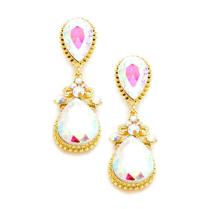 AB Gold Victorian Teardrop Crystal Rhinestone Evening Earrings. Elevate your evening elegance with these Earrings. Crafted with exquisite detail, these timeless accessories sparkle with vintage charm. Perfect for adding a touch of sophistication to any special occasion outfit.