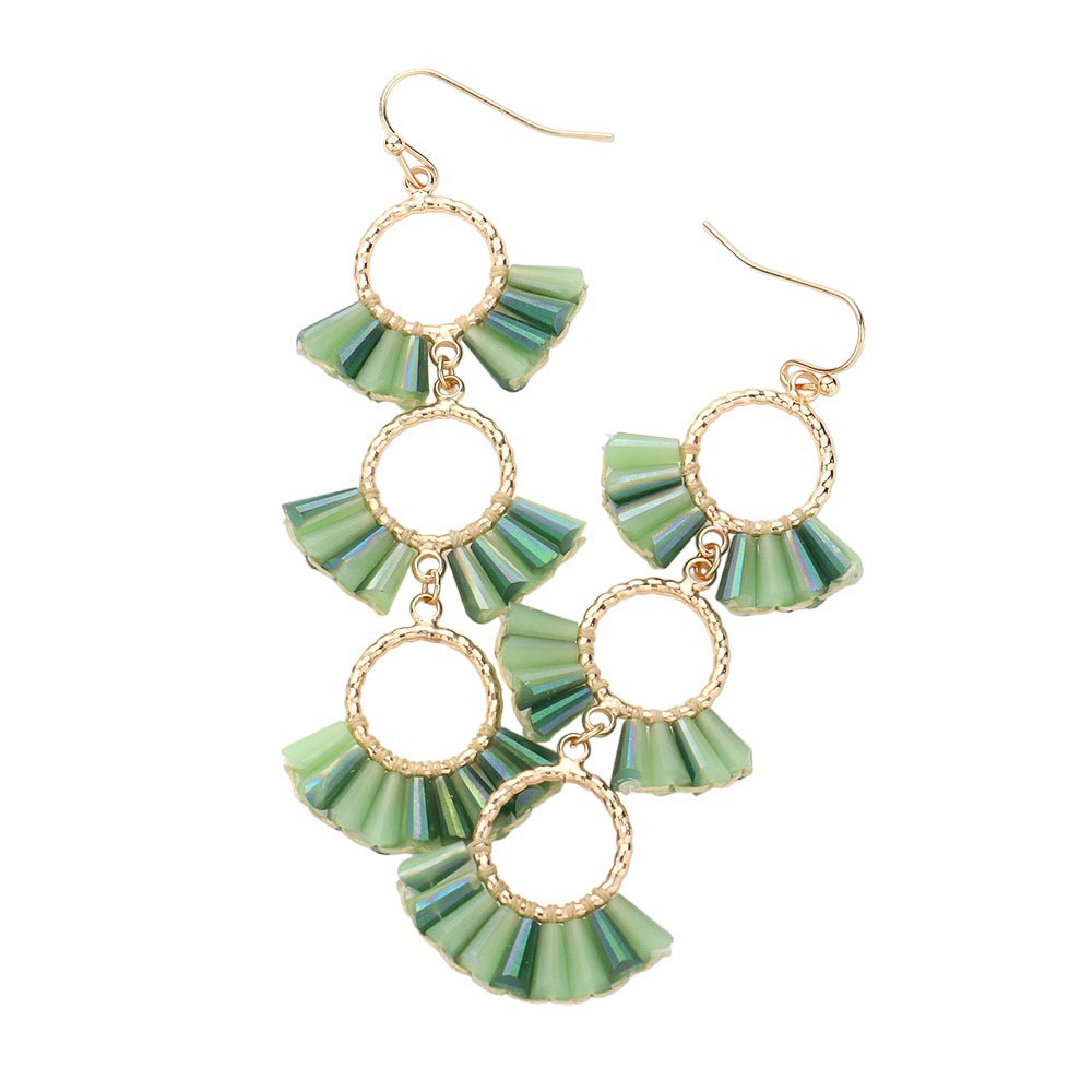 AB Green Beaded Triple Hoop Dropdown Dangle Earrings, are an eye-catching accessory. With three interlocking rings, each beaded with vibrant colors, this earring set provides a perfect accent to any outfit. Lightweight and fashionable, these earrings can be dressed up or down, making them suitable for any occasion.