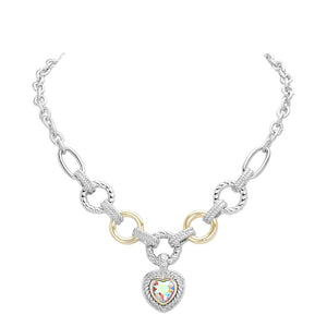 AB Heart Stone Pointed Charm Two Tone Textured Metal Link Toggle Necklace, This elegant necklace features a unique two tone design and textured metal links. The toggle closure adds a touch of modernity to the classic charm, making it a versatile accessory for any occasion. A perfect jewelry gift accessory for loved one.