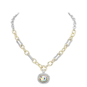 AB Oval Stone Cluster Pendant Two Tone Chunky Chain Necklace is the perfect accessory for any outfit. With its unique design featuring an oval stone cluster pendant and two tone chunky chain, it adds a touch of elegance and sophistication. Made with high-quality materials, this necklace is durable and long-lasting.