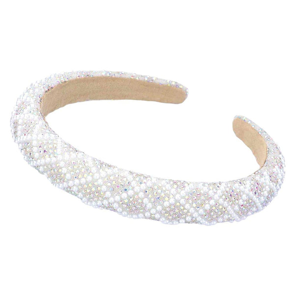 AB Pearl Embellished Bling Padded Headband, Add a touch of glamour to your hair with our headband. The elegant pearls and sparkling embellishments elevate any hairstyle, while the soft padding provides comfortable wear. Perfect for any occasion, this headband is a must-have accessory for a luxurious and sophisticated look