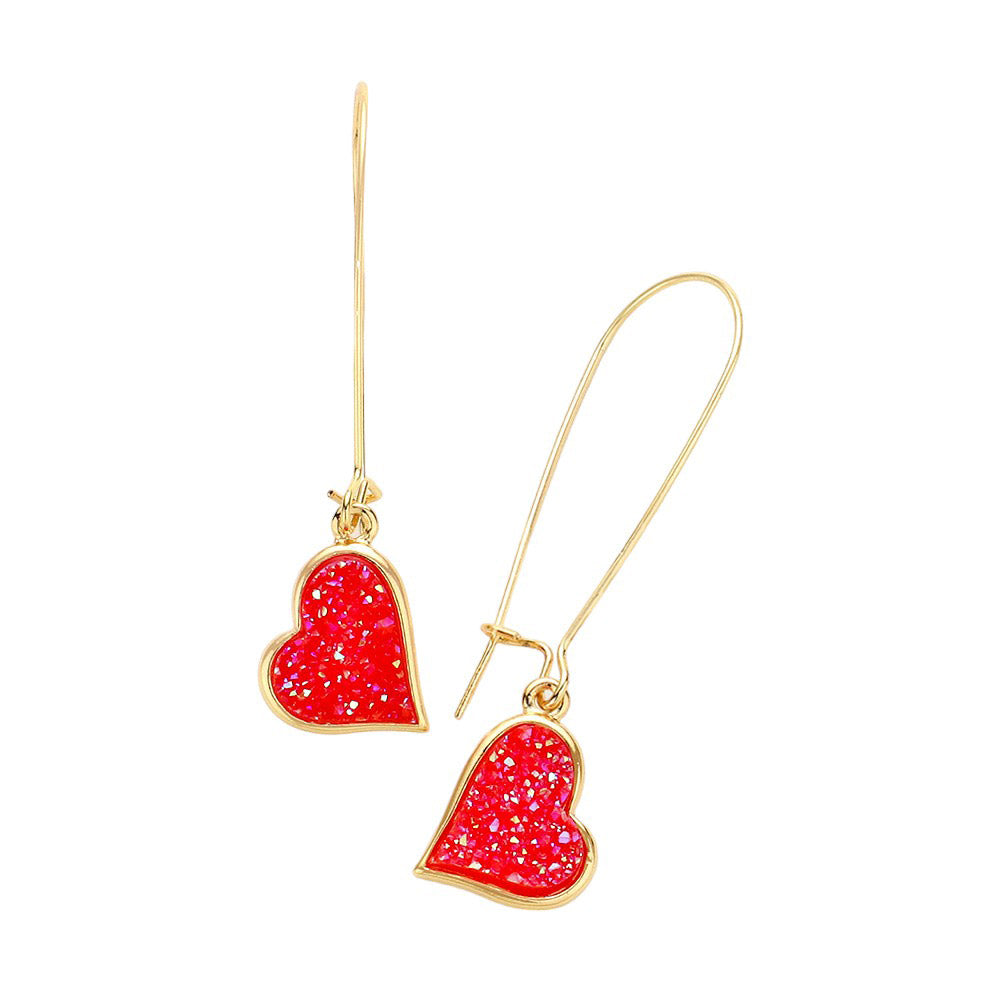 AB Red Druzy Heart Dangle Earrings, Enhance your look with these stunning earrings. The unique druzy hearts add a touch of elegance and sparkle to any outfit. Crafted with high-quality materials, these earrings are perfect for any occasion. Elevate your style and make a statement with these must-have earrings.