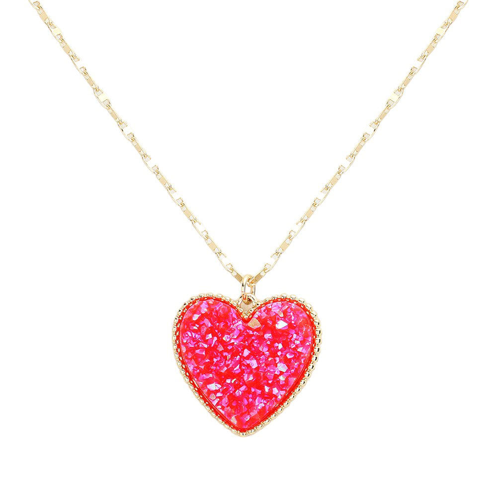 AB Red Druzy Heart Pendant Necklace, this is a stunning accessory that adds a touch of sparkle to any outfit. The druzy heart pendant is beautifully crafted and catches the light for a mesmerizing effect. With its unique design and high-quality materials, this necklace is sure to make a statement and elevate your look.