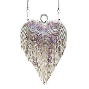 AB Rhinestone Fringe Heart Evening Tote Clutch Crossbody Bag, This high quality Clutch Bag is both unique and stylish. perfect for money, credit cards, keys or coins, comes with a wristlet for easy carrying, light and simple. Look like the ultimate fashionista carrying this trendy Rhinestone Fringe Heart Clutch Bag!