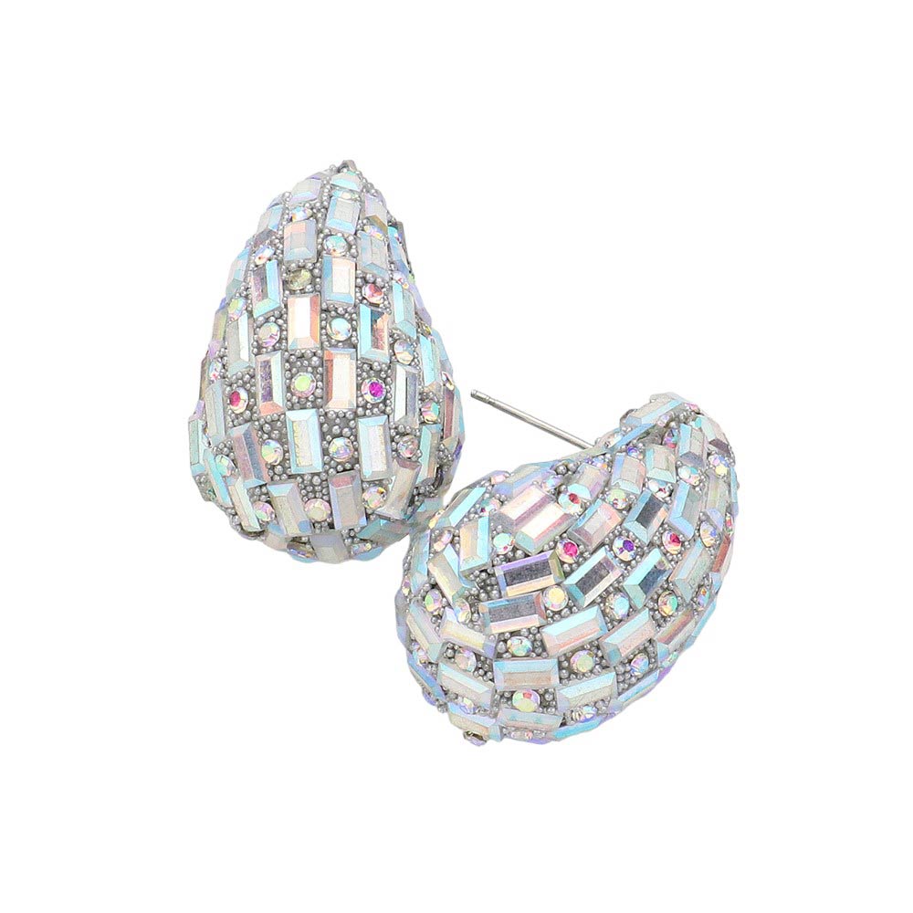 AB Rhodium Baguette Stone Embellished Teardrop Earrings, Made of high-quality materials, these earrings add a touch of elegance to any outfit. Featuring a unique teardrop design and sparkling baguette stones, these earrings are perfect for any occasion. With their timeless style and durable construction, they are a must-have.